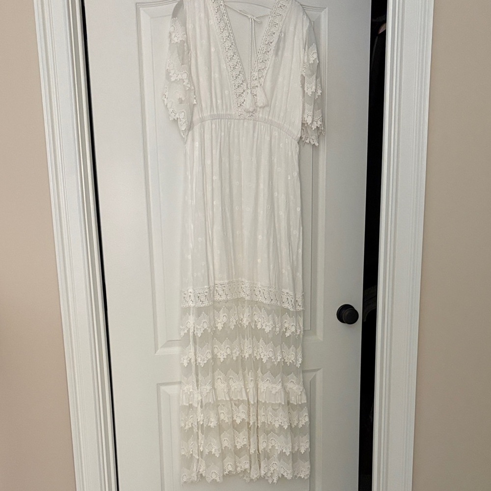 White Lace Maxi Maternity Dress - Elegant Sheer Panel Gown - Picture 4 of 6